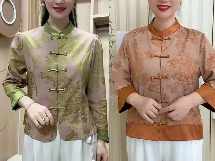 时尚新款复古风鎏金花开旗袍领开衫中老年妈妈上衣气质长袖网红