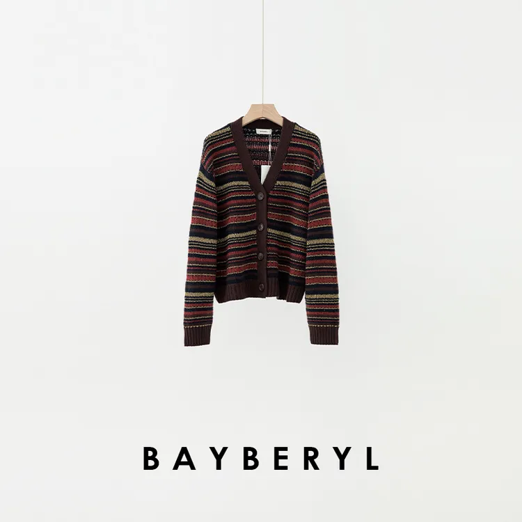 BAYBERYL老贝丹锦*金丝条纹牦牛拼色V领秋针织开衫ZZS5C1701-8/27