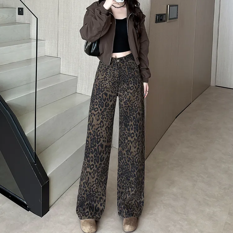 美式复古豹纹裤子女秋小个子牛仔裤2025新款高腰直筒松弛感阔腿裤