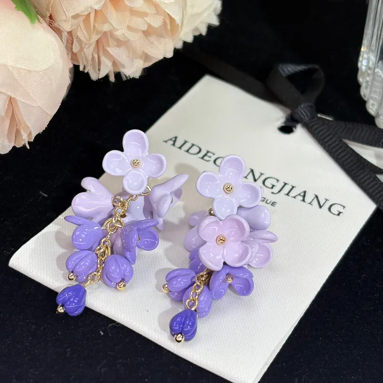 铜合金耳饰 A411韩国东大门手工紫铃兰精致百搭时尚简约长款轻奢
