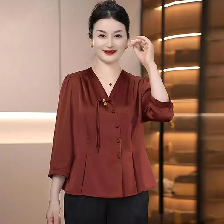 新中式妈妈夏装套装国风小衫两件套中老年女装春夏七分袖衬衫上衣