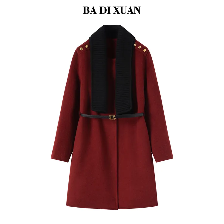 2025新款中长款初剪羊毛双面呢大衣修身显瘦系带气质通勤女外套