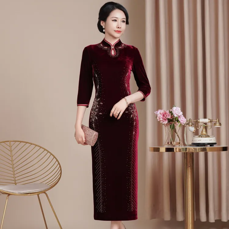 秋冬新款高贵气质金丝绒旗袍结婚喜婆婆喜妈妈敬酒服长款礼服中袖