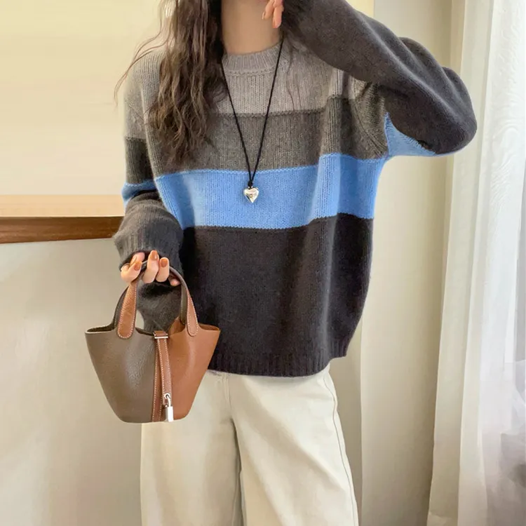 韩版时尚圆领套头宽松撞色条纹拼接休闲针织衫秋冬新款加厚毛衣女