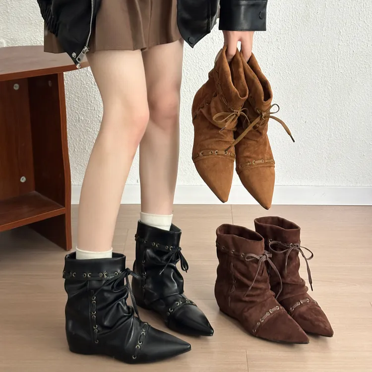 2025秋冬尖头新款女磨砂绒面百搭低跟中跟时尚英伦风方头短靴女潮