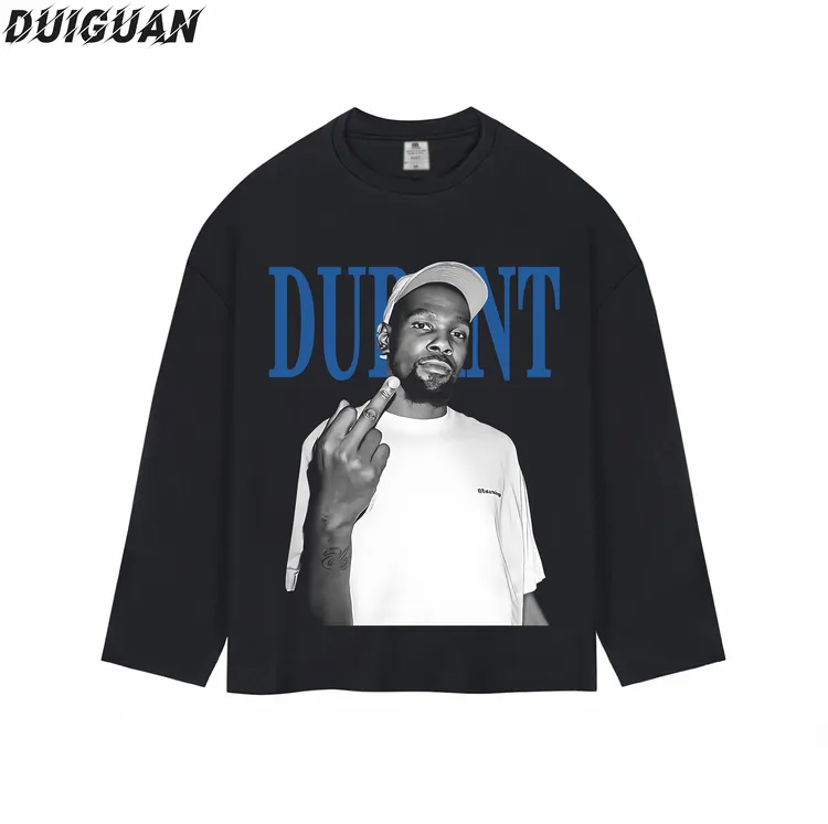 《杜兰特》系列美式潮牌球星重磅纯棉260g直喷复古印花篮球长袖T恤