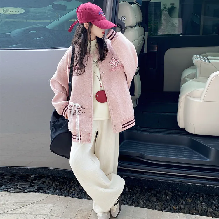 女童新款秋冬款加厚外套2025新款洋气毛呢子儿童冬装夹棉棒球服潮