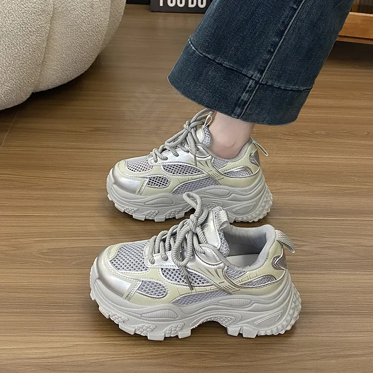 厚底老爹鞋女款2025夏季新款炸街百搭透气网面增高轻便运动小白鞋