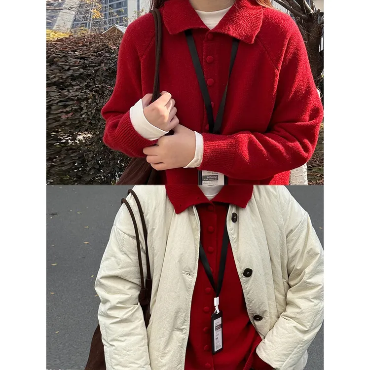 复古红色翻领单排扣毛衣外套女秋冬季加厚宽松插肩袖针织上衣开衫