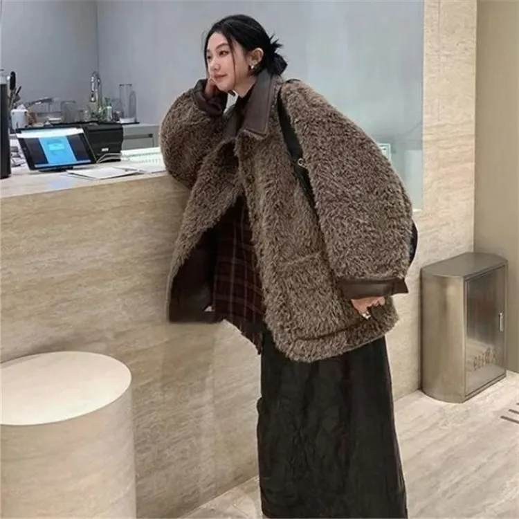 人造皮草 双面穿仿羊羔绒冬新款加厚宽松复古皮衣中长大衣设计款