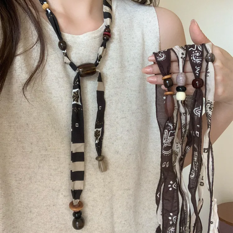 非金属布艺项链  波西米亚民族风腰果丝巾木珠项链女长款毛衣链潮
