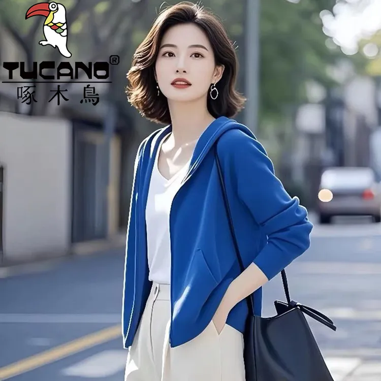 啄木鸟纯棉女装2025新款时髦洋气上衣独特漂亮连帽蓝色卫衣外套春