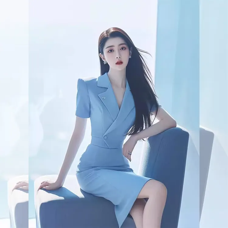 高端精致气质名媛上流社会正式场合小香风蓝色西装连衣裙女夏季