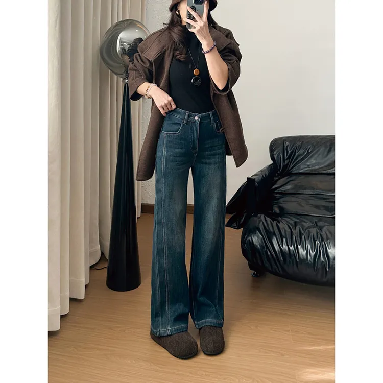 【腿精系列】四面弹加厚绒直筒牛仔裤2025冬季立体侧骨阔腿裤