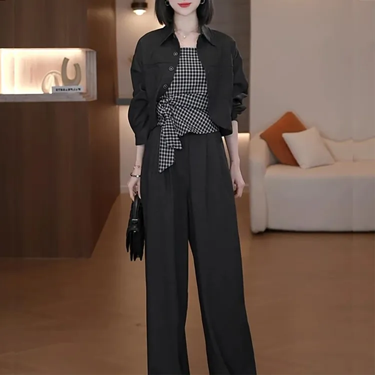 2025春秋季新款女士今年流行时尚套装格子吊带衬衫阔腿裤三件套潮