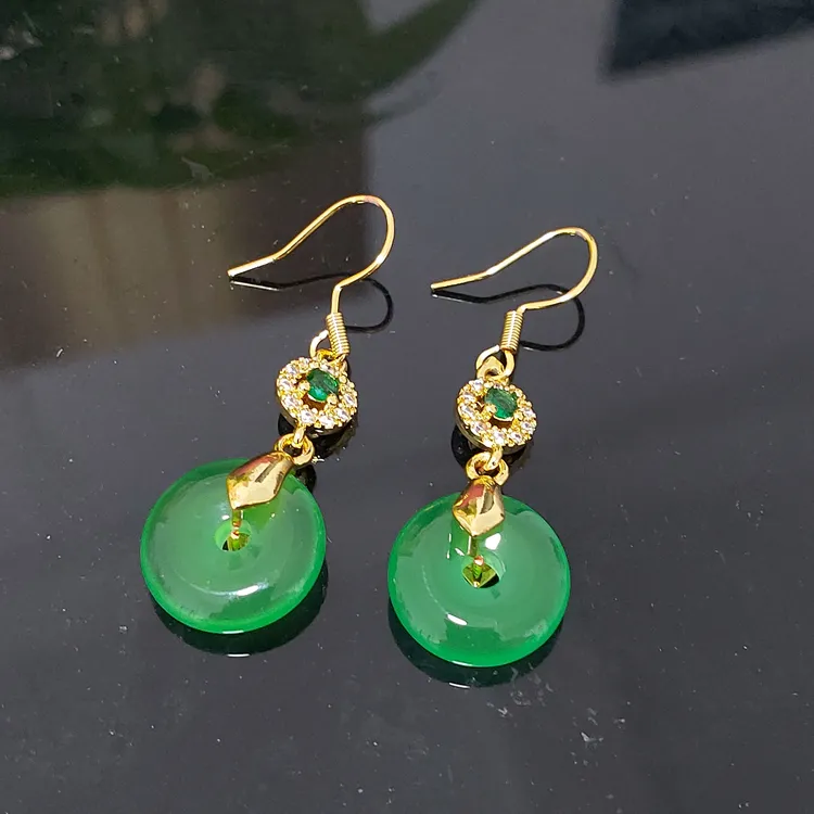 新品-正品天然冰透阳绿色玉髓满绿平安扣耳坠
