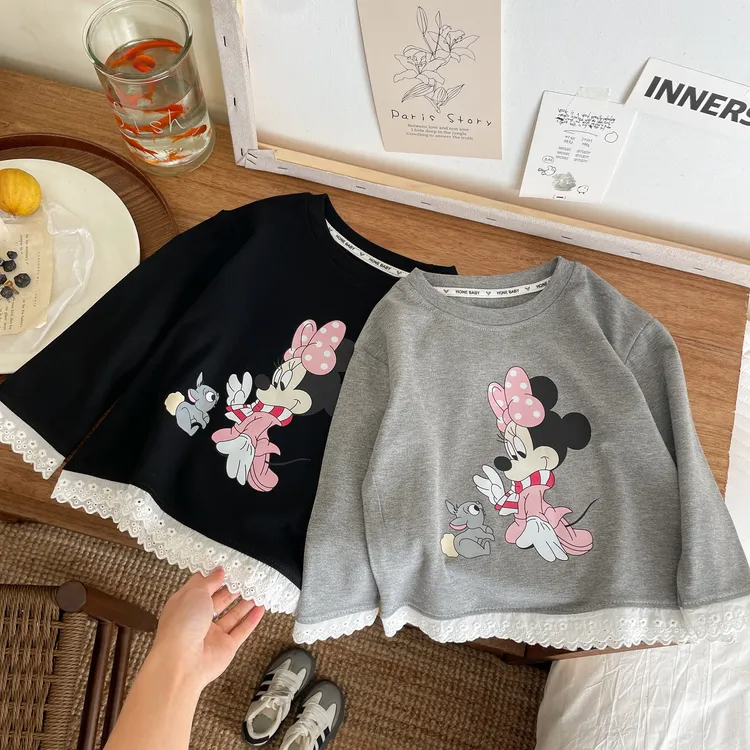 新款蕾丝女童米奇人棉长袖上衣蝴蝶结蕾丝休闲淑女上衣圆领韩版