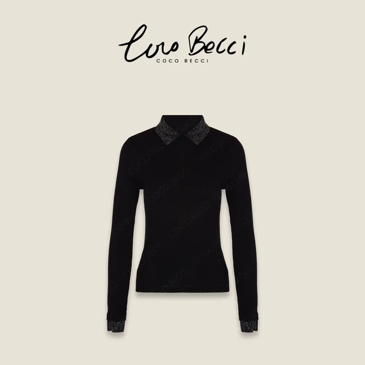 COCO BECCI【钻石领打底】绵羊毛亮片翻领气质打底衫CFXYD253018