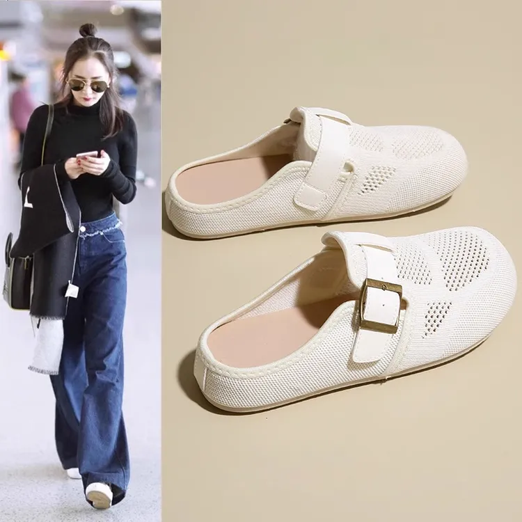 包头半拖鞋女款外穿2025新款夏季网眼一脚蹬无后跟飞织运动小白鞋