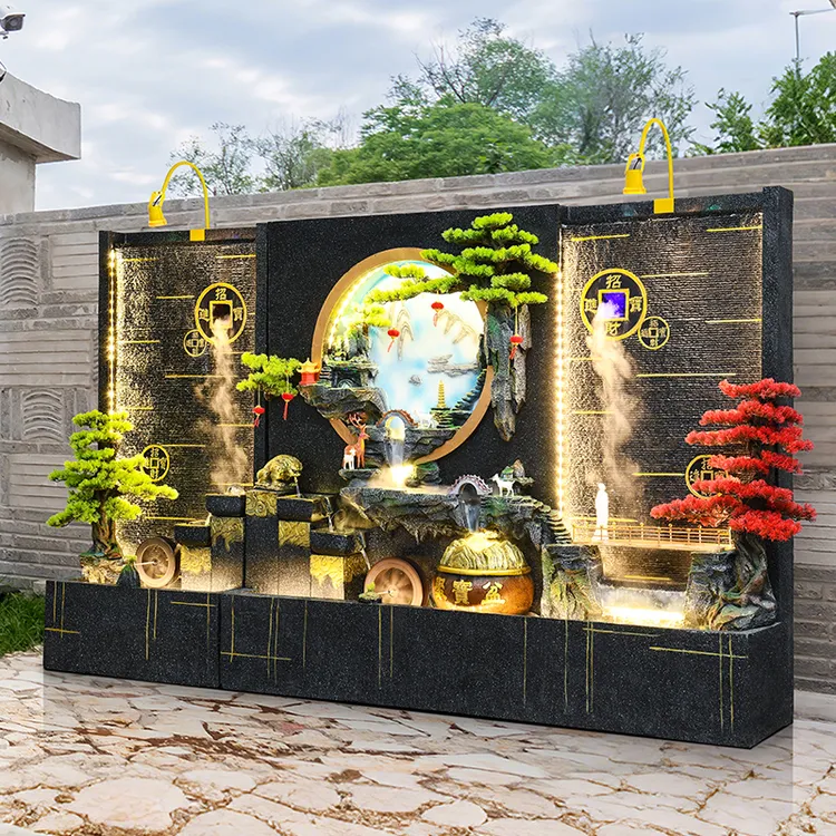 水幕墙流水屏风摆件瀑布户外造景假山流水喷泉循环水鱼池景观