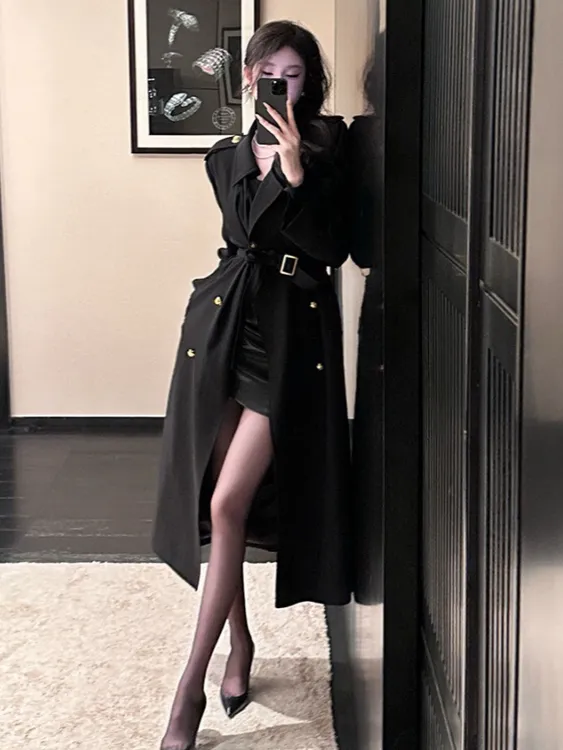 气质黑色翻领风衣外套女秋冬高级感收腰绑带双排扣中长款过膝大衣