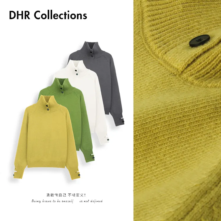 豆豆10【云织】韩版设计感纽扣高领针织打底衫百搭休闲毛衣120525DM