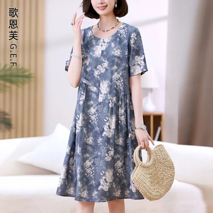 夏季亚麻连衣裙女2025新款高端精致气质减龄时尚妈妈花色中长裙子