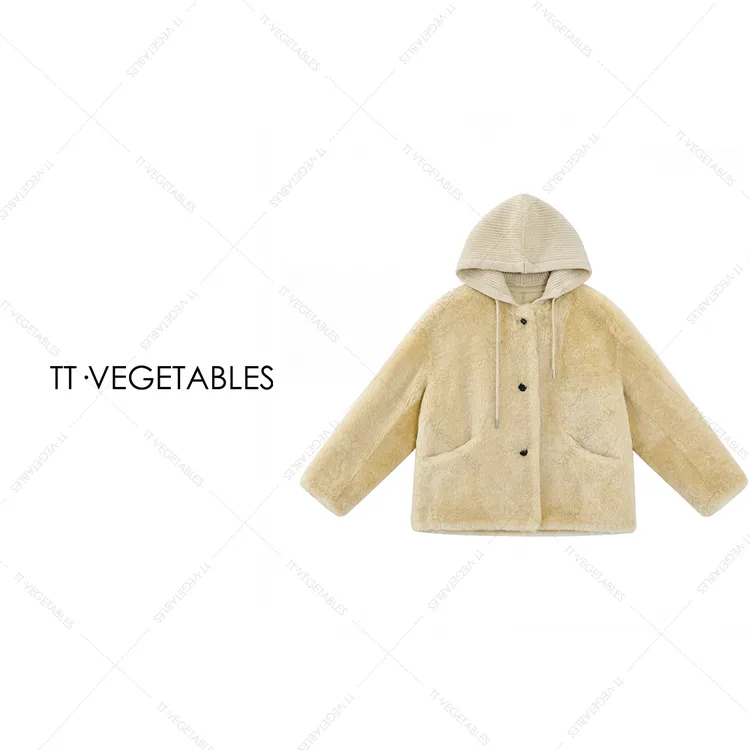 噢芬/小个子【 妧悠】 羊毛皮毛一体针织连帽宽松气质外套522794