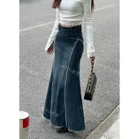 LAOYU（优越曲线）新款高腰显瘦分割线设计牛仔鱼尾牛仔半身裙