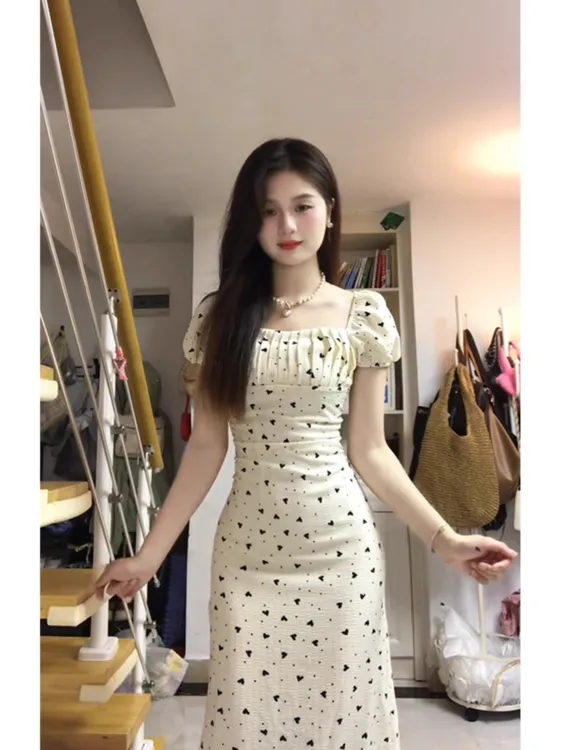 法式女装夏季泡泡袖波点方领裙子连衣裙长裙气质碎花小个子显瘦