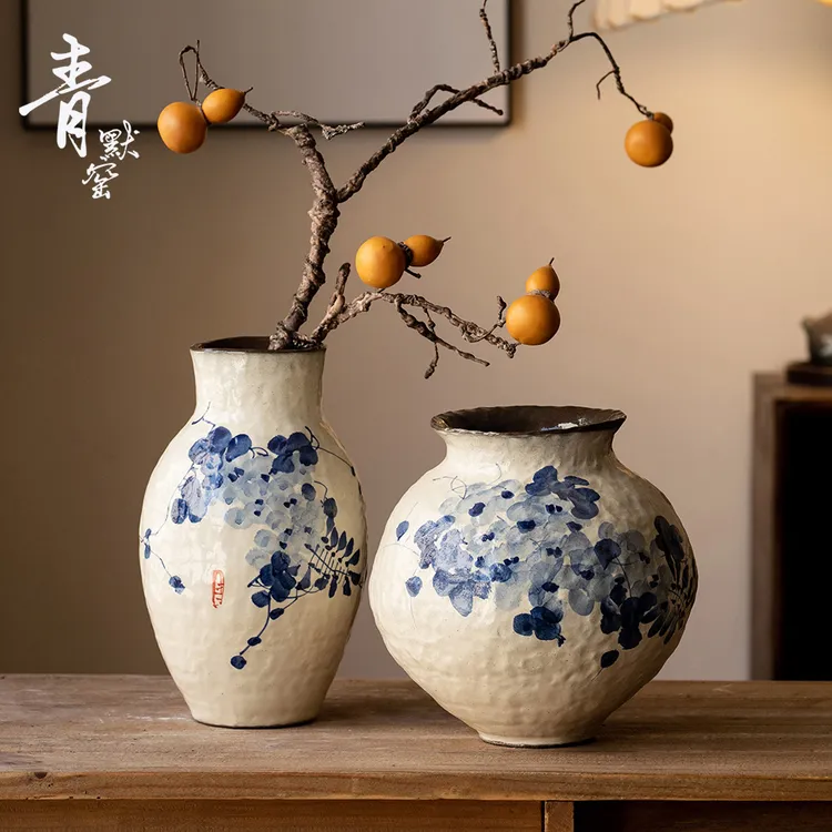 新中式白色陶瓷花瓶台面纯手工客厅民宿玄关插花装饰摆件青花紫藤