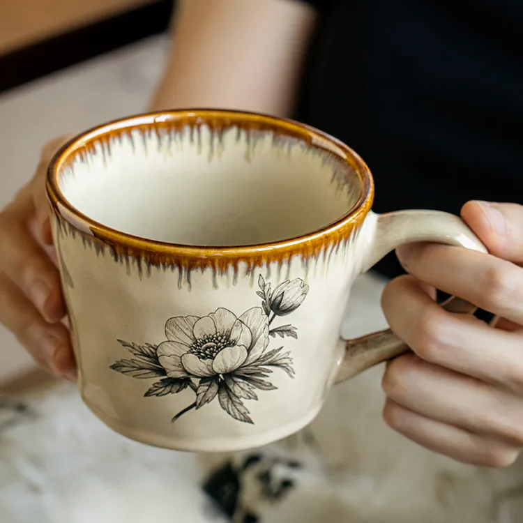 小悠家 漂亮杯子复古花卉马克杯高级感轻奢咖啡杯陶瓷办公水杯