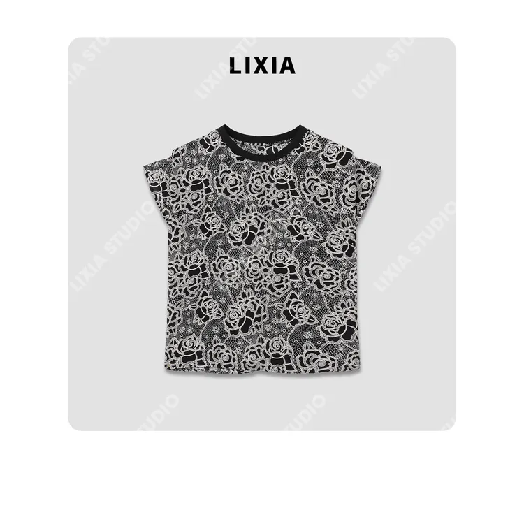 LIXIA【花开富贵】复古气质大花朵优雅感印花短袖-D8180