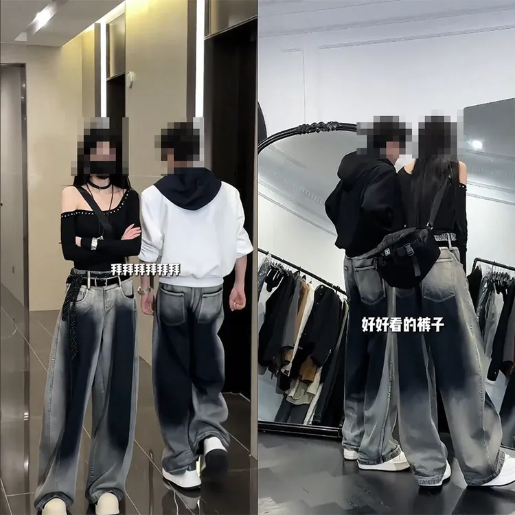 龍刀刀春季潮流复古渐变美式百搭宽松弯刀休闲牛仔长裤阔腿牛仔裤