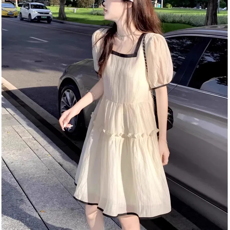 撞色方领雪纺连衣裙女2025夏季大码微胖mm宽松显瘦泡泡短袖a字裙