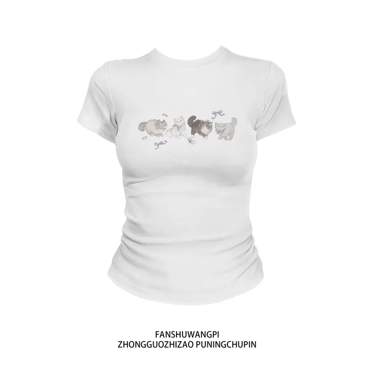 美式猫猫印花修身正肩短袖t恤女2025夏季收腰短款甜辣妹显瘦上衣