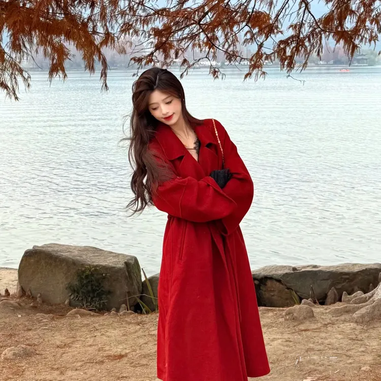 红色羽绒可拆卸内胆呢子大衣2025秋冬高级感韩系双面呢毛呢外套