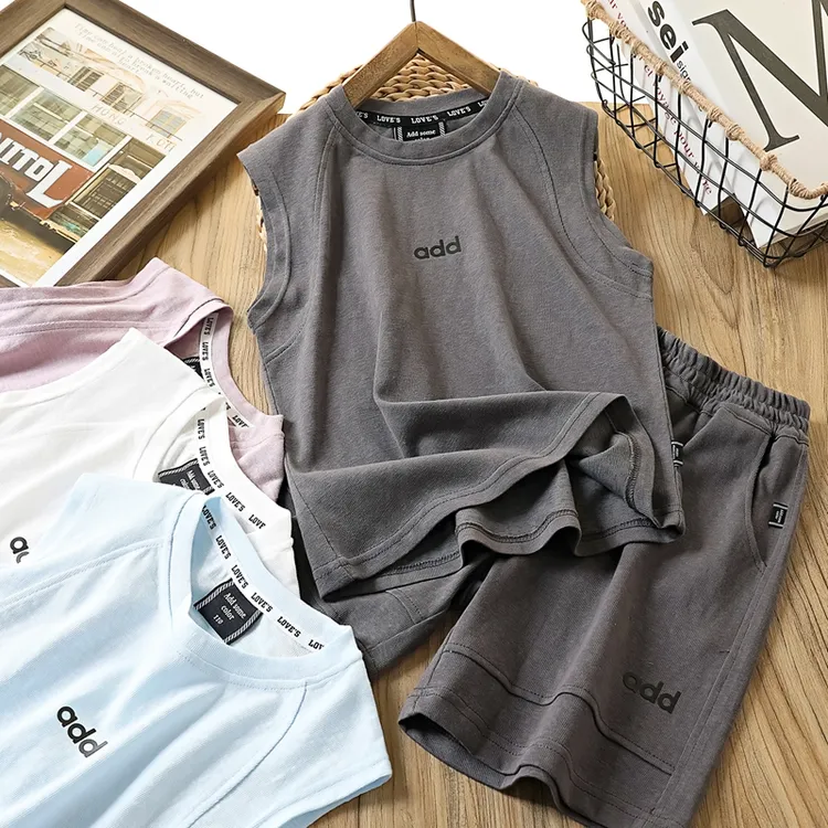 儿童夏季无袖背心套装竹节棉麻短裤两件套男童中大童纯色T恤6241