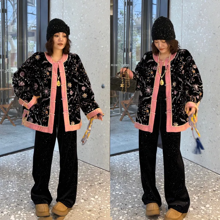 YDFSTUDIO小众【绚丽花影】年货新中式重工刺绣撞色设计羽绒外套