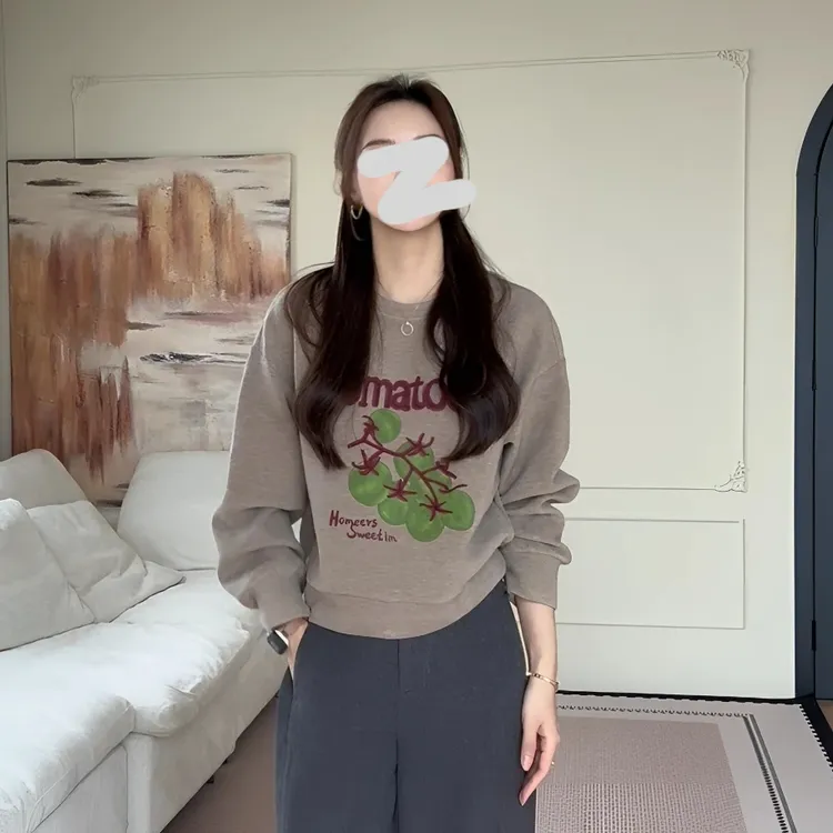 秋季百搭休闲时尚番茄刺绣圆领卫衣显瘦羊毛休闲裤套装女S11222