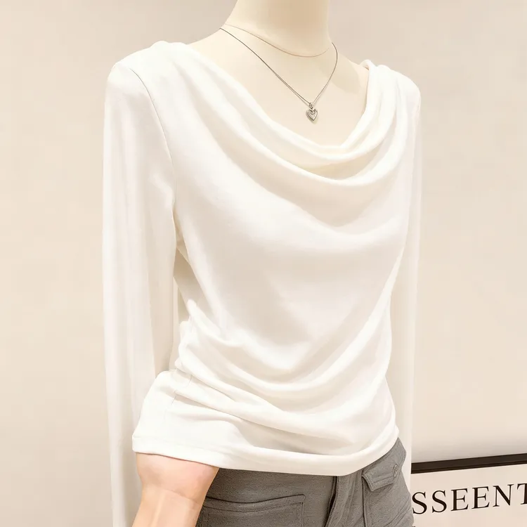 法式荡领纯欲风长袖打底衫t恤女秋季修身露肩内搭一字肩白色上衣
