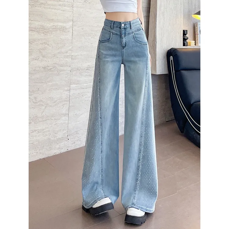 爆款~烫钻阔腿微辣牛仔裤裤子女2025年春夏辣妹宽松潮流微辣裤