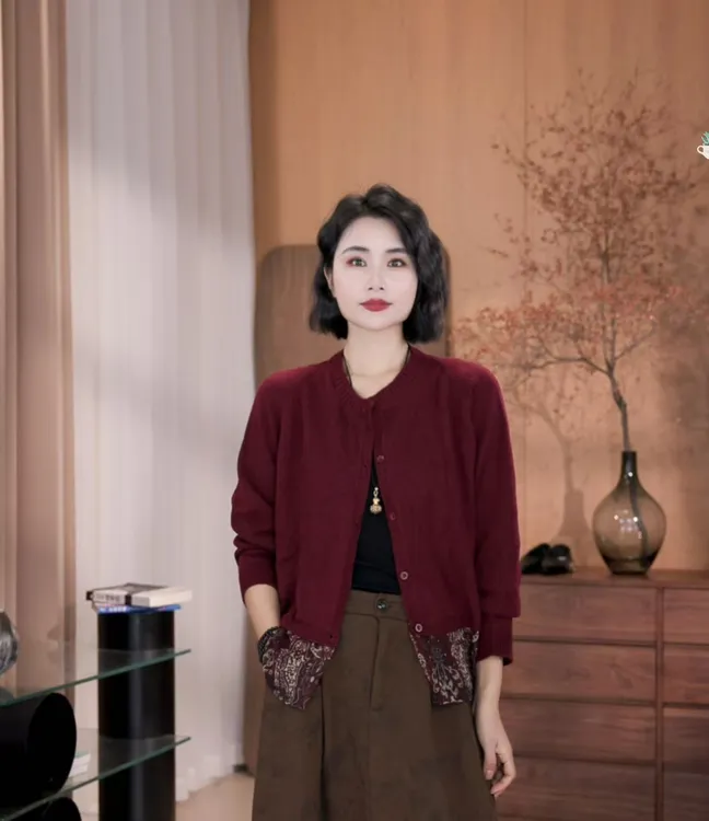 孜禾秋季新款拼接针织开衫女减龄百搭气质纯色休闲圆领针织