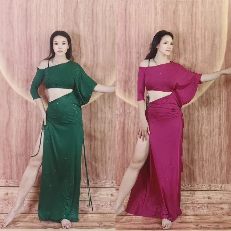 swegal肚皮舞练功服东方舞撒银冰丝单边露肩腰蝙蝠袖连衣裙团服