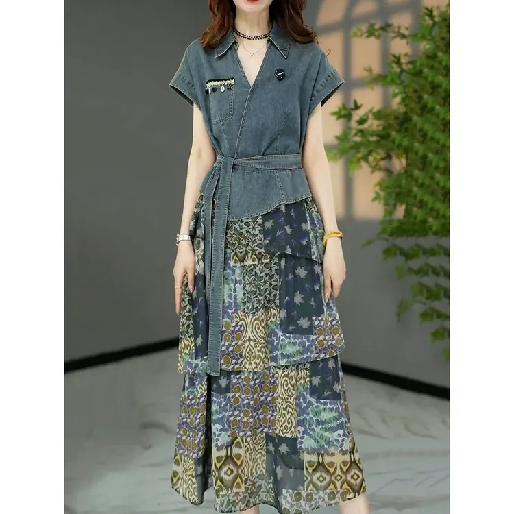 法式牛仔植物花卉连衣裙女2025夏季新款时尚洋气收腰显瘦A字裙