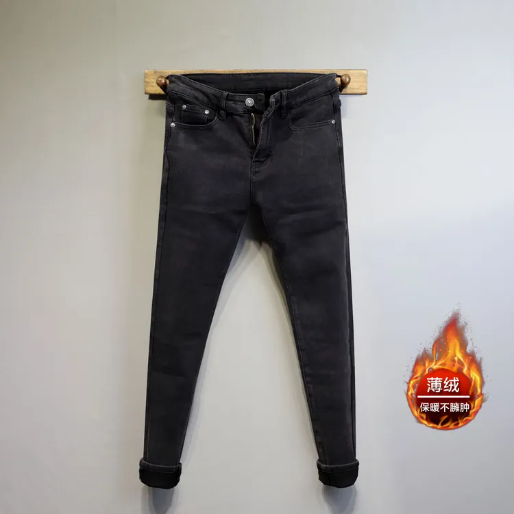 青年时尚黑色做旧简约百搭修身弹力薄绒牛仔长裤男士冬季小脚裤