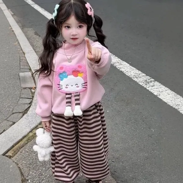 女童秋冬加绒套装洋气女宝宝卡通保暖卫衣条纹一体绒裤子两件套
