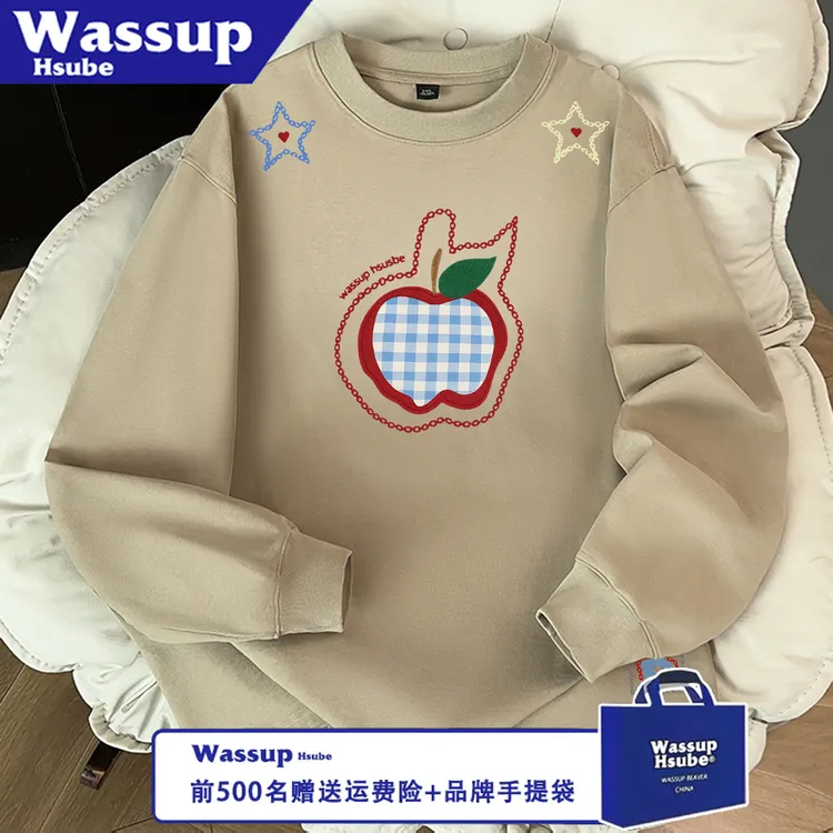 WASSUP HSUBE潮流长袖痞帅宽松苹果锁链休闲秋冬百搭印花情侣上衣