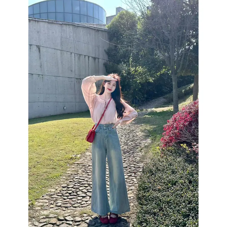 粉色衬衫女韩系早春穿搭套装甜美绑带长袖上衣水洗百搭阔腿牛仔裤