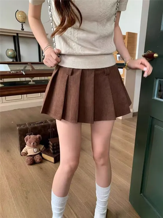 学院风复古灯芯绒百褶裙裤秋冬防走光半身裙a字显瘦辣妹超短裙女